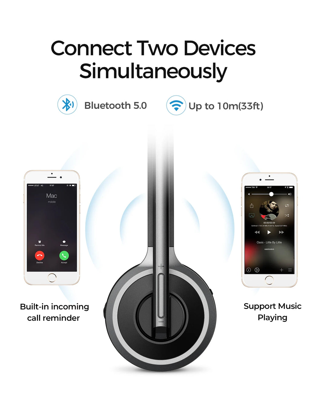 Sleek black wireless headset connecting to two smartphones simultaneously for calls and music via Bluetooth 5.0.