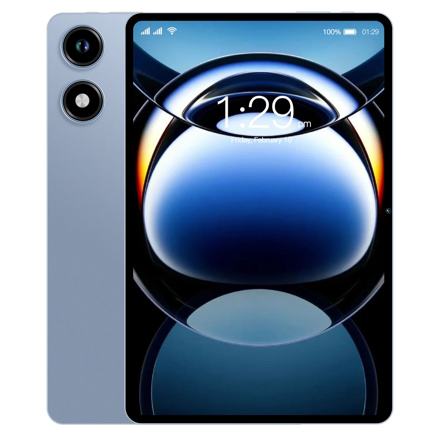 A light blue 10.1" Android tablet with a slim-bezel screen, dual rear cameras, and a modern, minimalist design.