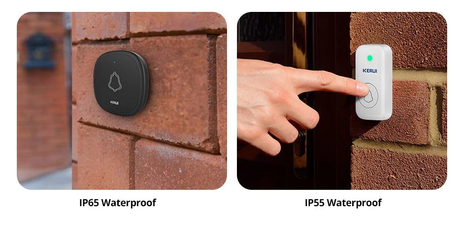 Black and white plastic Kerui doorbell transmitters mounted on brick walls, rated IP65 and IP55 water-resistant.