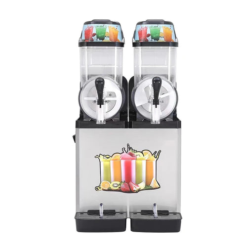 Double-bowl commercial slush machine with fruit graphic.
