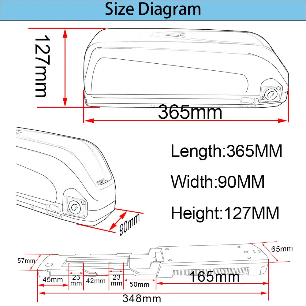 Technical size diagram for an electric bike battery, showing dimensions including length, width, and mounting plate details.