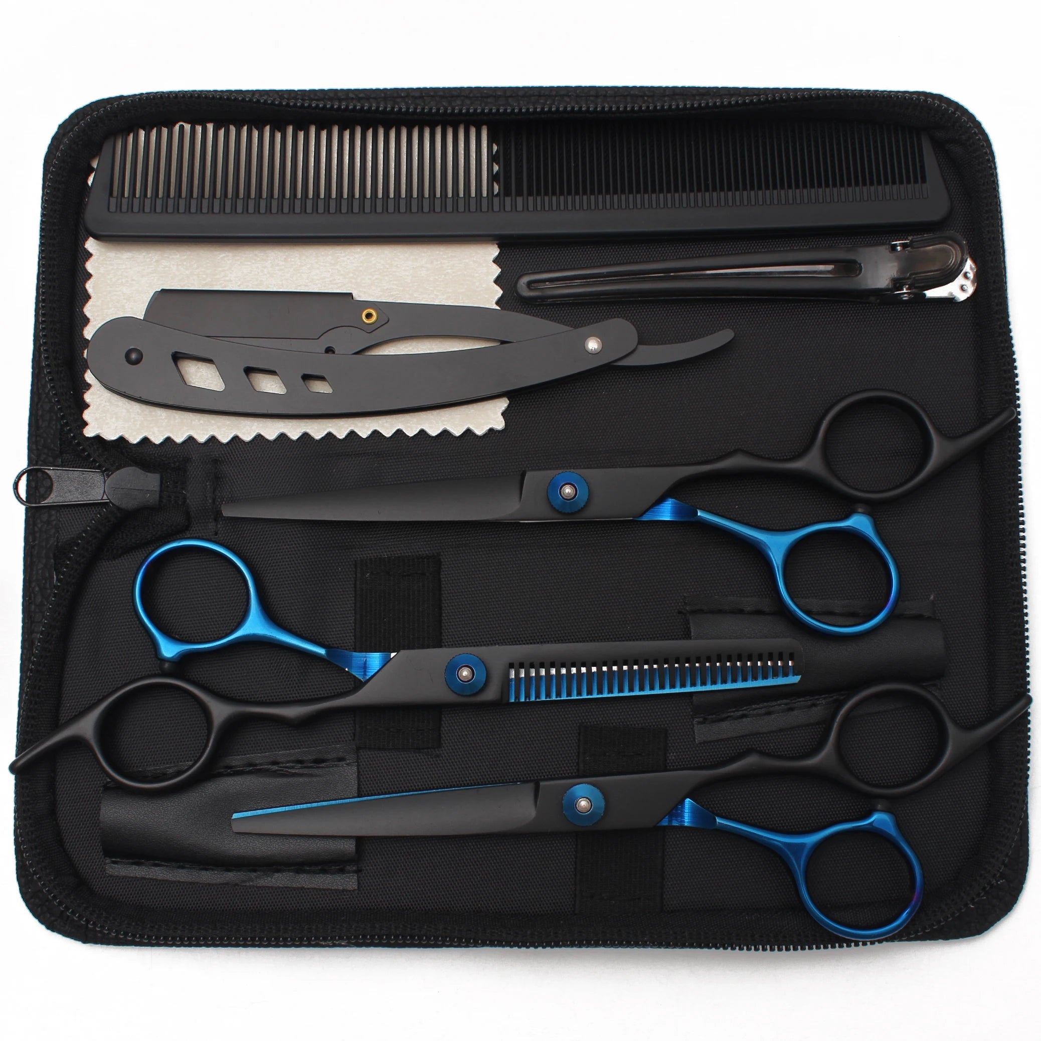 Professional hair cutting and thinning scissor set in matte black and metallic blue, inside a black storage case.