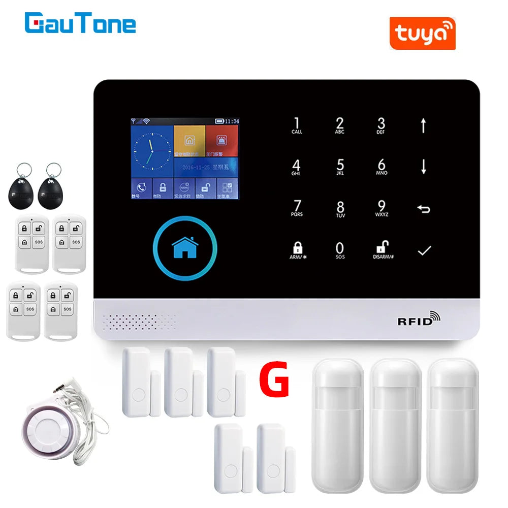 Smart wireless home alarm kit featuring a black and white touchscreen control panel, RFID tags, sensors, and siren.