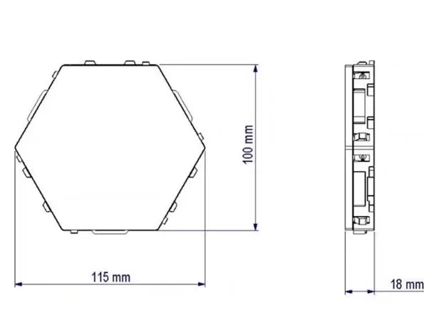 Technical line drawing of a hexagonal music beat reaction module, showing dimensions of 115mm by 100mm by 18mm.