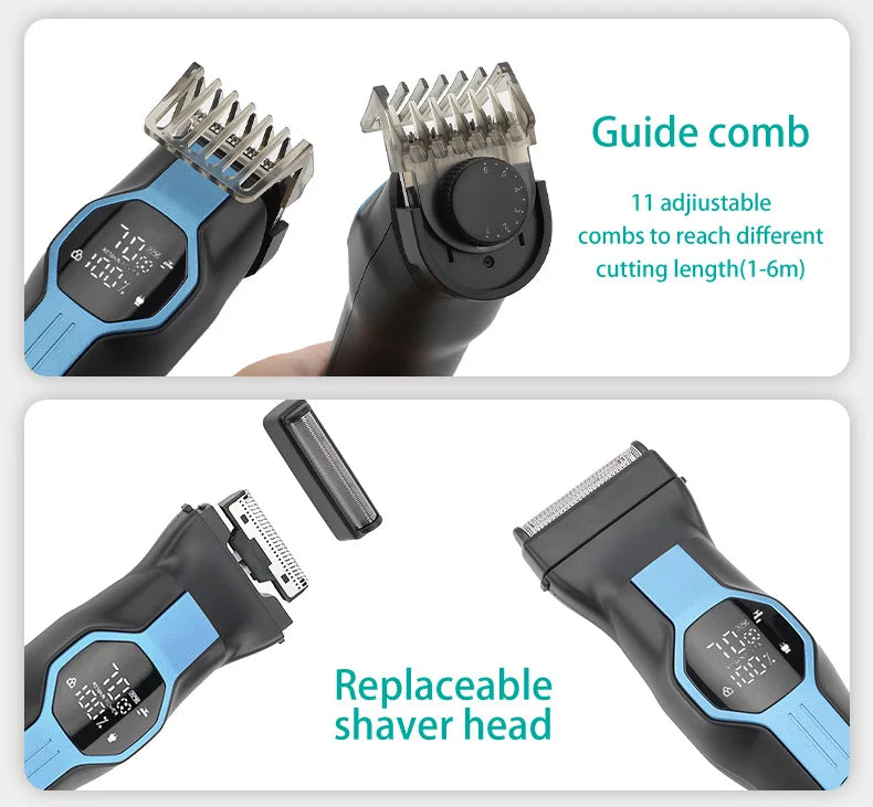Black and blue rechargeable grooming kit featuring an adjustable guide comb and a replaceable foil shaver head.