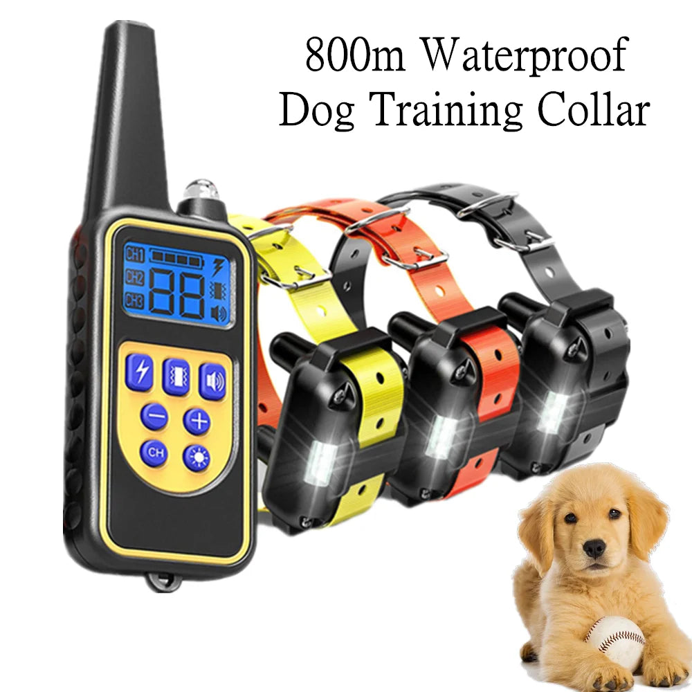 Rechargeable dog training collar and remote set in black, yellow, and orange, with digital display and LED lights.