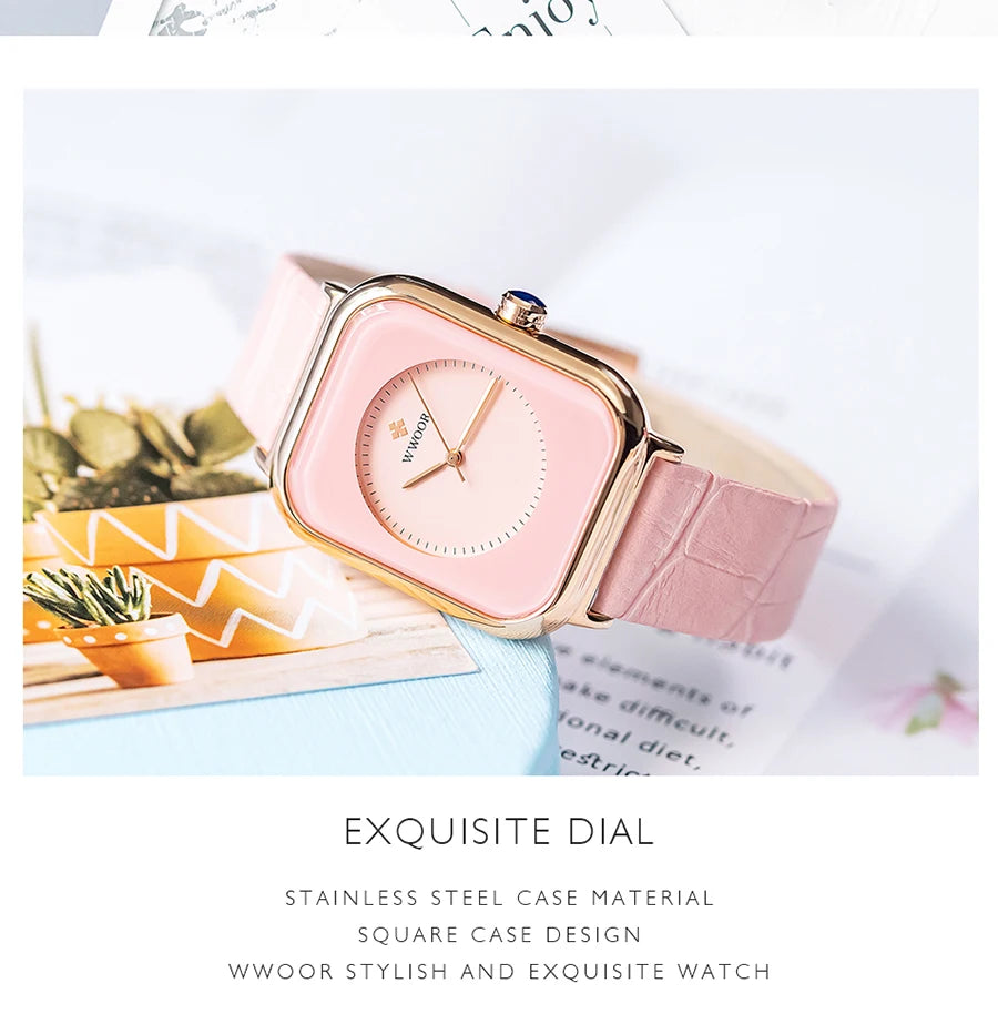 Elegant ladies' watch with a pink square dial, gold-tone case, and textured pink leather strap.