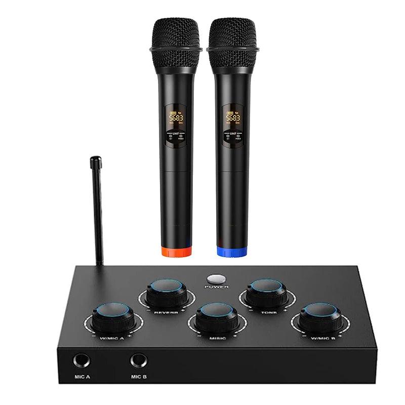 Two black wireless microphones with digital displays and a matching black audio mixer console with volume control dials.