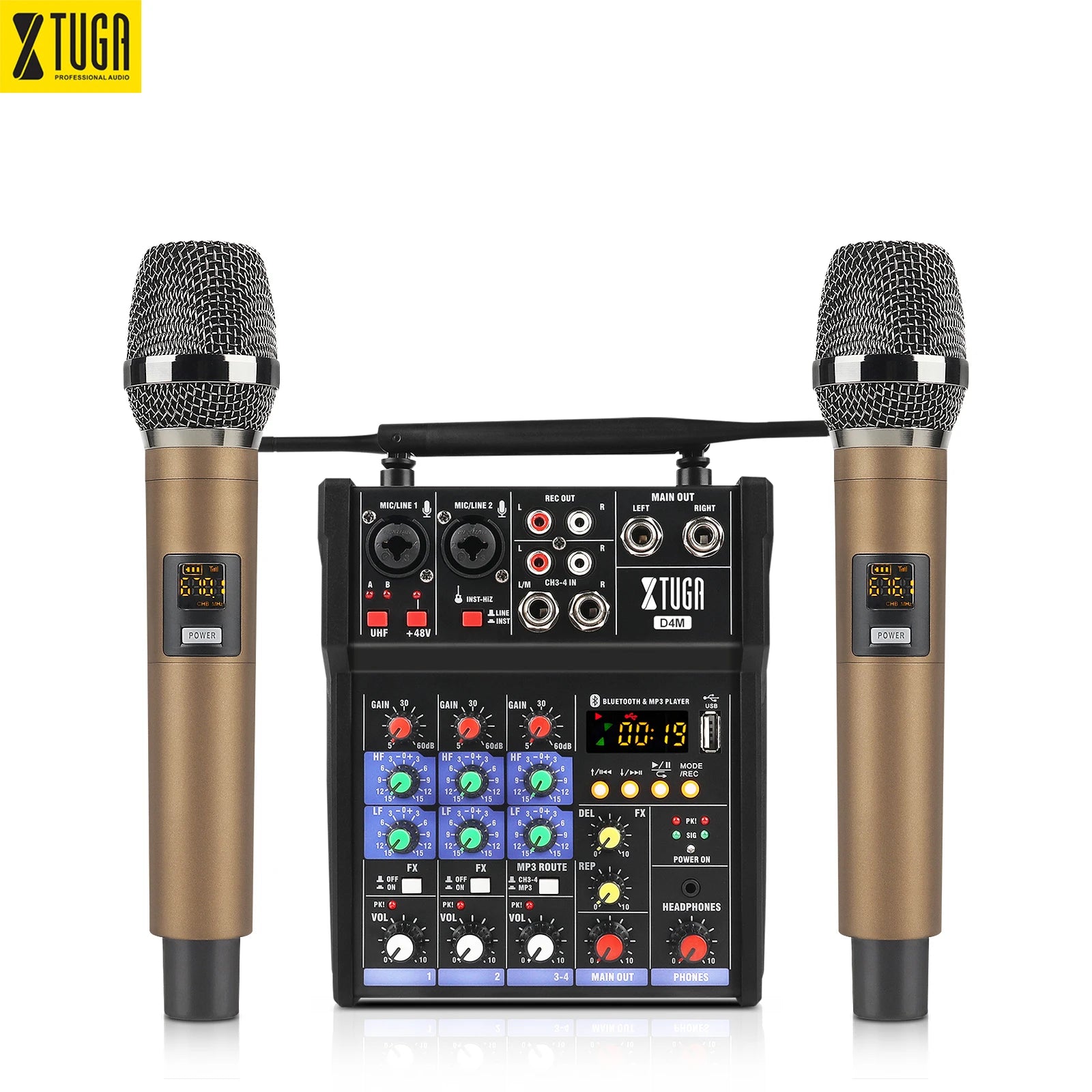4-channel audio mixer with a black console, colourful control knobs, digital display, and two bronze wireless microphones.
