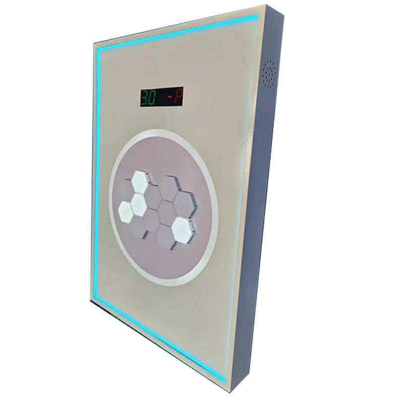 Wall-mounted interactive game with a digital score display, glowing blue edges, and a centre grid of light-up hexagons.