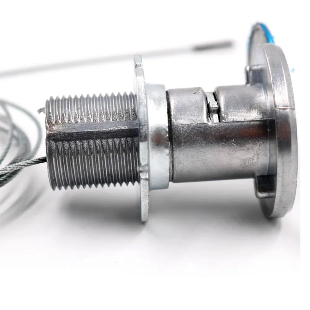 Silver metal flush-mount latch with threaded body and attached steel cable against a white background.