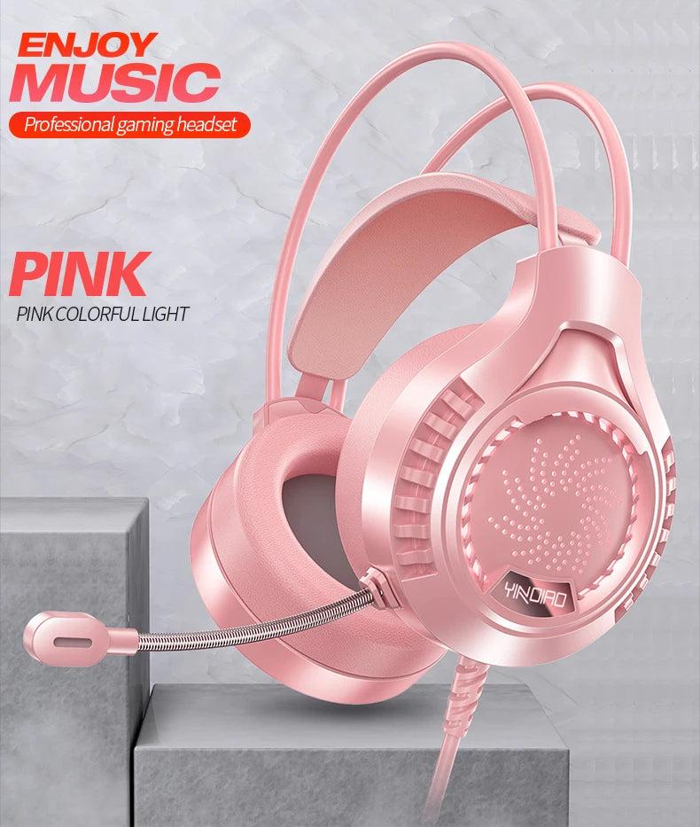 Pink gaming headset with microphone and RGB lighting, featuring a comfortable, padded over-ear design.