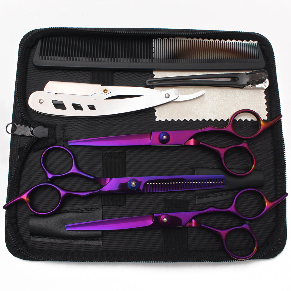 Professional hair thinning scissors set in iridescent purple, including a razor, comb, and clips in a black zip case.