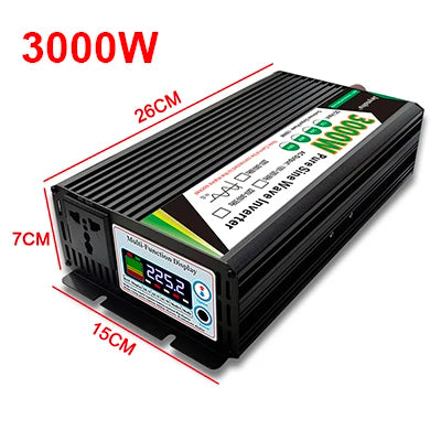 Black 3000W pure sine wave power inverter with a digital multi-function display and universal AC power socket.