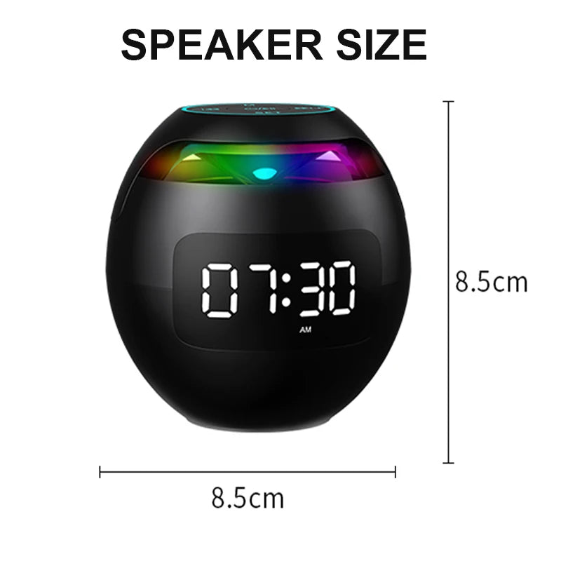 Black spherical Bluetooth speaker with an LED alarm clock display and colourful light accent, measuring 8.5cm.