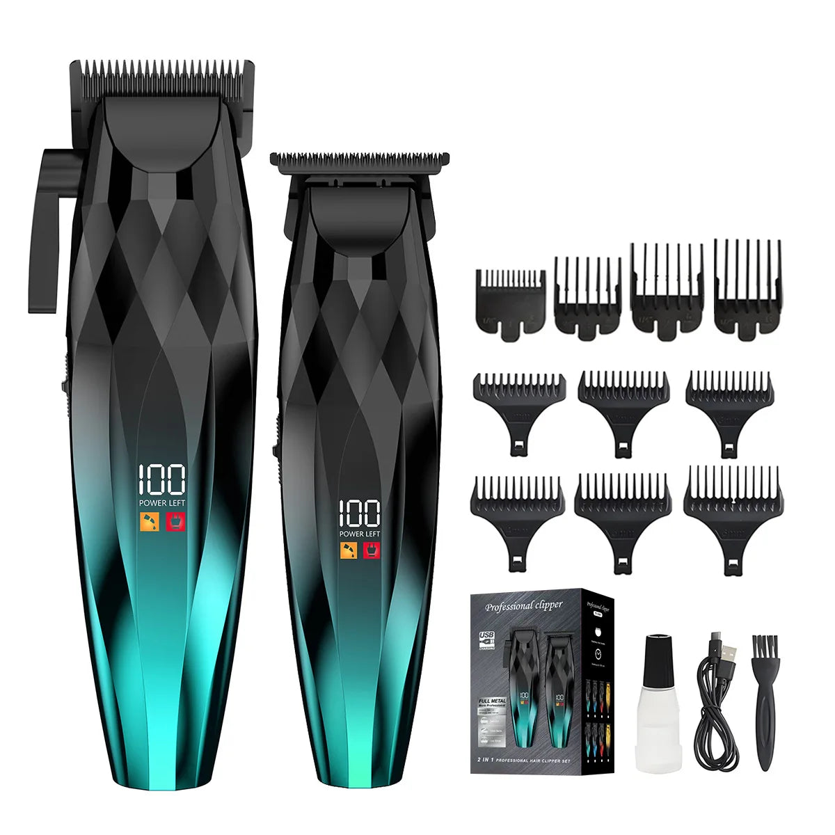 Two professional black and teal cordless trimmers with LED power displays, multiple guide combs, and charging cable.