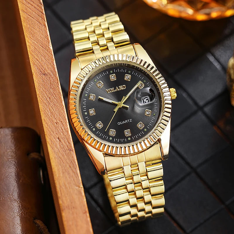 Luxury men’s gold-tone quartz watch with a black dial, crystal hour markers, and a date display.