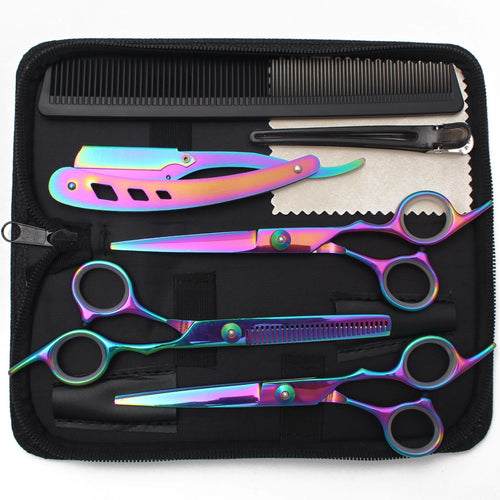 Professional rainbow-coloured hairdressing set featuring thinning scissors, cutting shears, razor, comb and clip in a case.