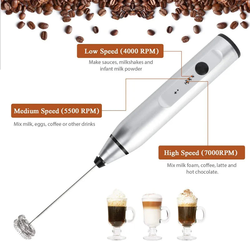 Silver handheld electric milk frother with three speed settings for mixing drinks, displayed with coffee beans and foam.
