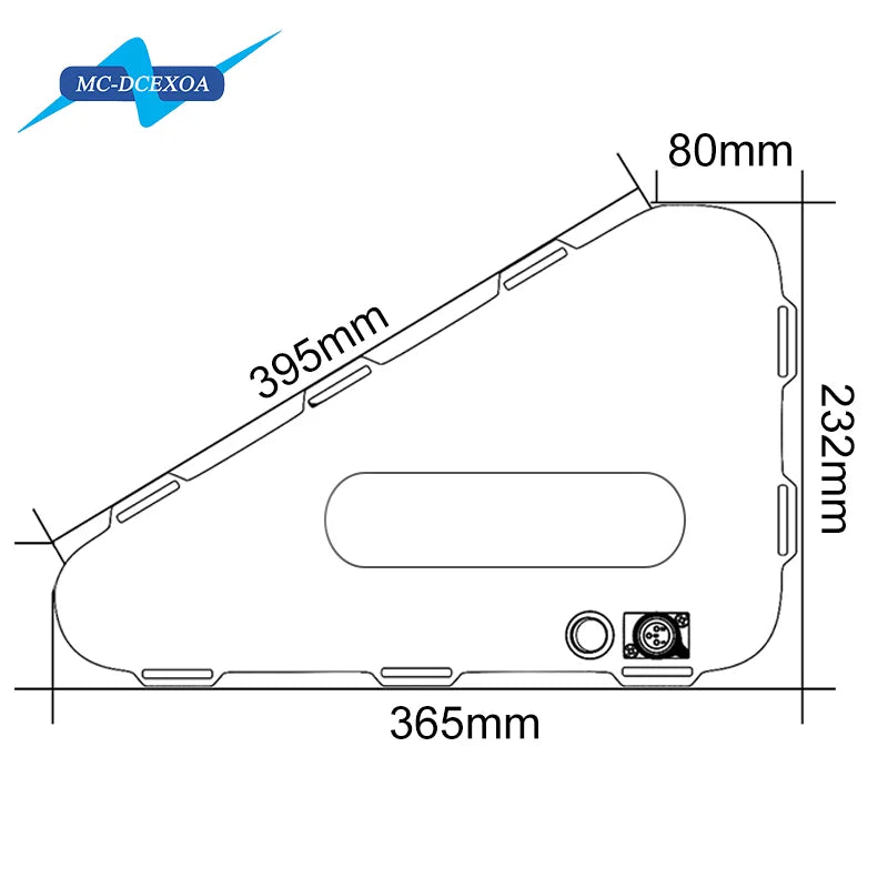 Technical line drawing of a black triangle e-bike battery with dimensions shown in millimetres.
