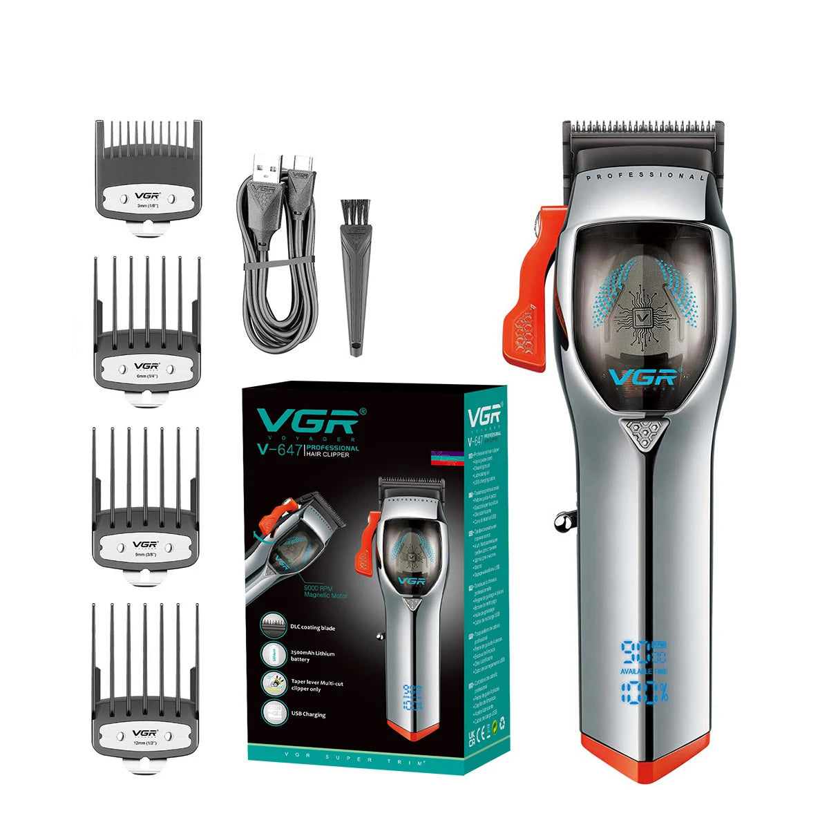 Professional cordless silver hair clipper with digital display, red taper lever, four comb guides, and USB cable.