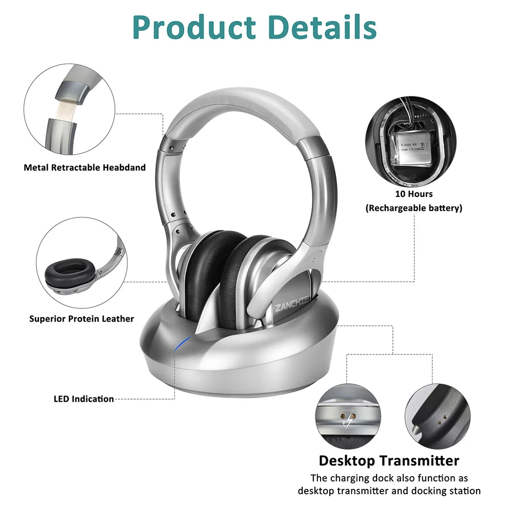 Silver wireless TV headphones with retractable metal headband, soft ear cushions, and charging transmitter dock.