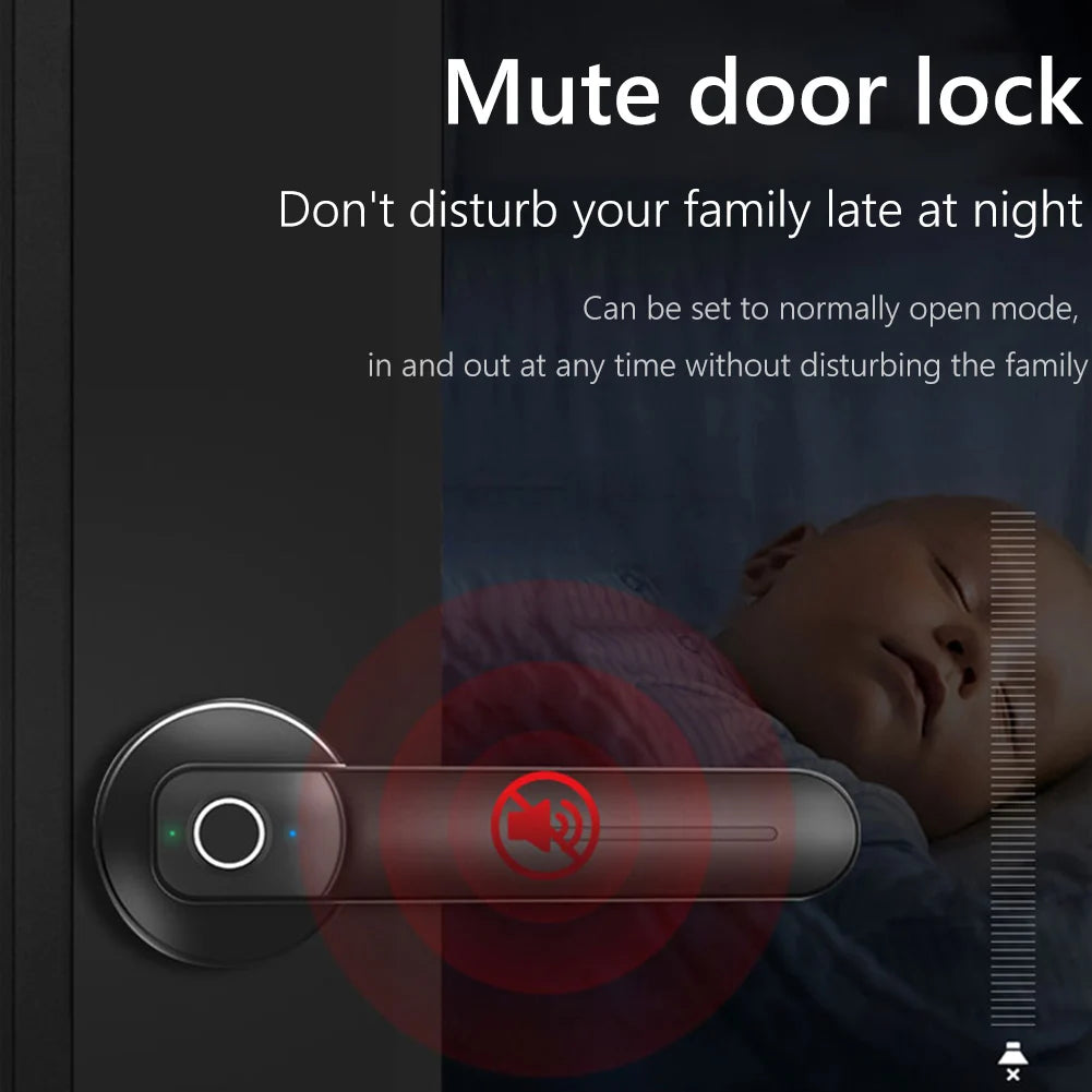Matte black metal door handle with fingerprint sensor, featuring a silent mute mode option.