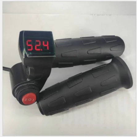 Black electric bike twist throttle with a red digital voltage display and integrated red power switch.