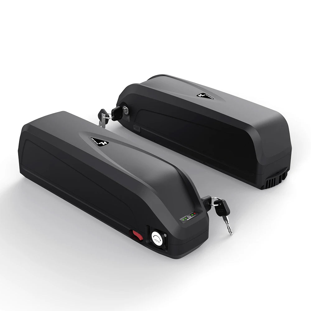 Two black rectangular e-bike batteries with keys, featuring a battery level indicator and lock mechanism.