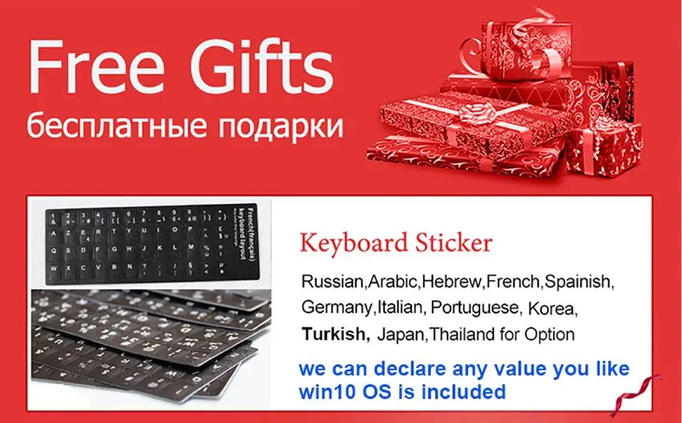 Promotional image showing free gifts including various international keyboard sticker layouts and Windows 10 OS included.