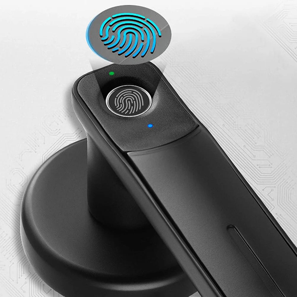 Black metal door handle with a built-in circular fingerprint scanner and indicator lights.