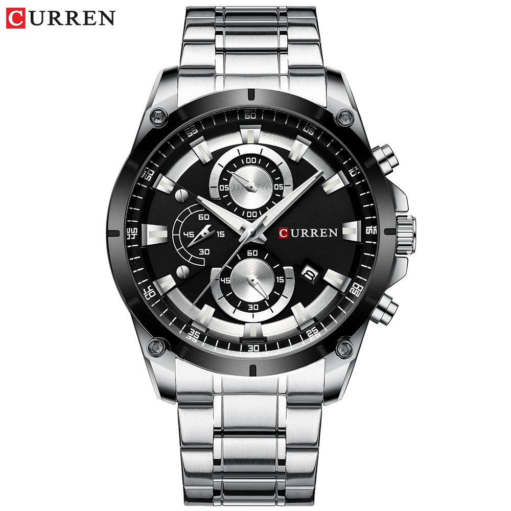 Men's silver stainless steel watch featuring a black dial, sub-dials, and a date display.