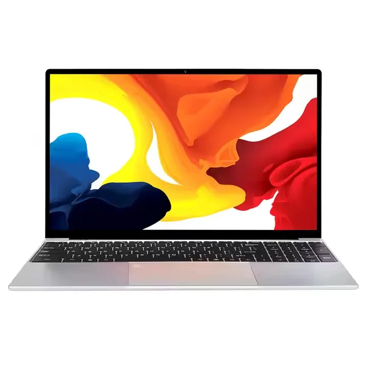 Silver 15.6-inch laptop with a black keyboard and a vibrant abstract-coloured screen display.