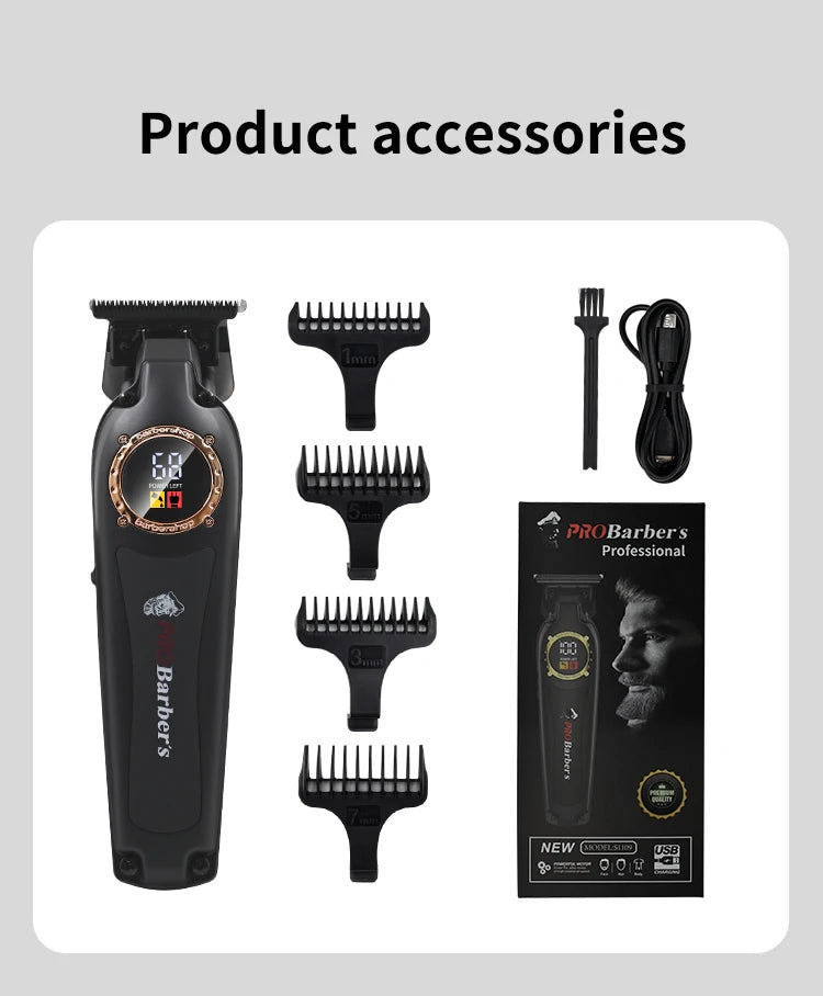 Black professional electric hair trimmer with LED battery display, four guide combs, cleaning brush and USB cable.