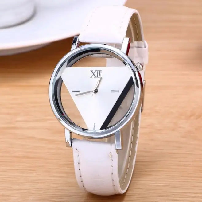 Women's analogue quartz watch featuring a white leather strap and a unique silver triangular cut-out face.