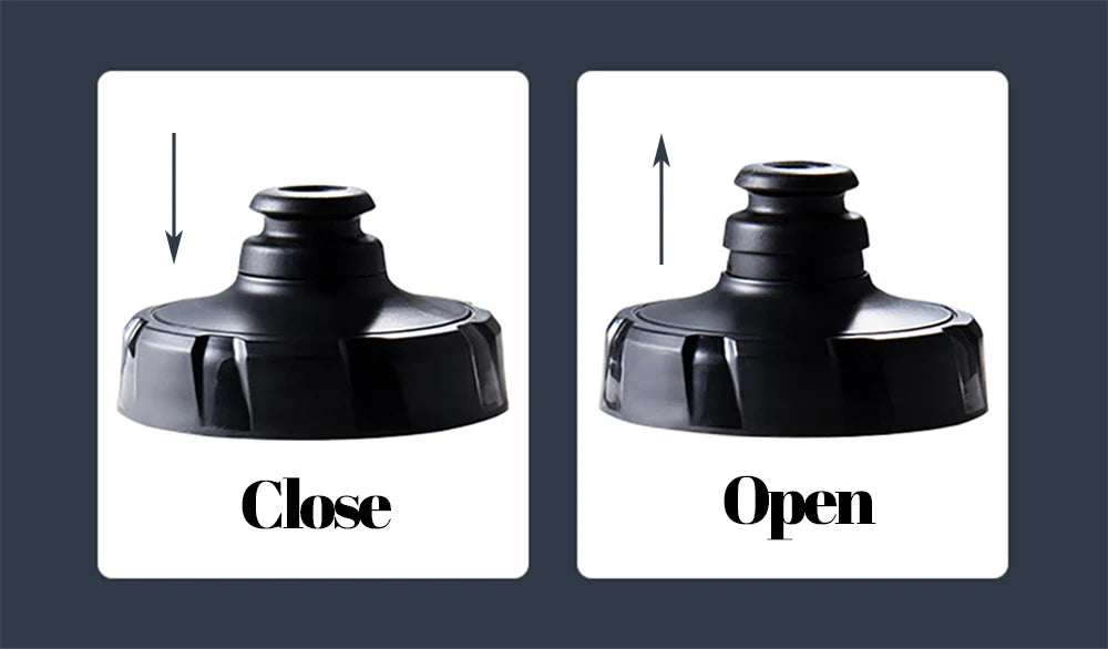 Two black bottle lids side-by-side demonstrating a push-pull mechanism to open and close the spout.