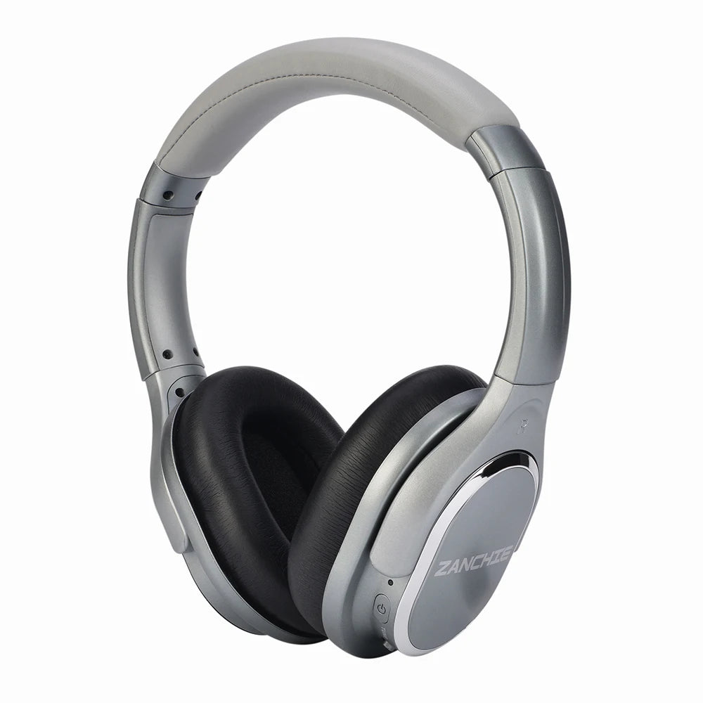 Wireless over-ear TV headphones in silver with soft black cushioned ear cups and a padded grey headband.