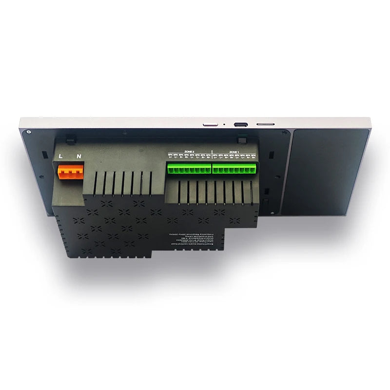 Rear view of a silver, wall-mounted smart audio amplifier featuring clear two-zone speaker terminals and power input.