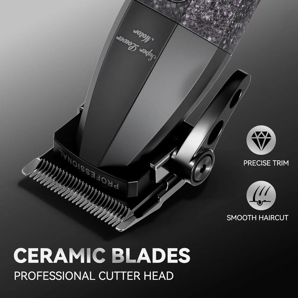 Close-up of a sleek black electric hair clipper with ceramic blades for a precise, smooth trim.