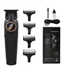 Black professional hair trimmer with LED display, including four guide combs, cleaning oil, brush, and USB cable.