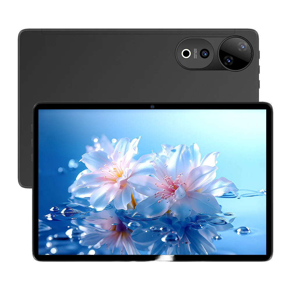 Matte black 11-inch tablet showing rear camera module and front screen with floral wallpaper.