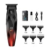 Black and red cordless hair and beard trimmer with digital battery display, plus six attachments, oil, and cable.