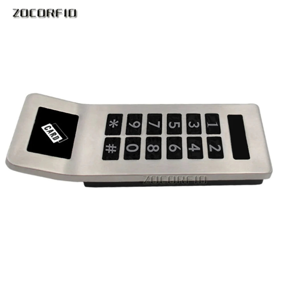 Silver stainless steel keypad with black buttons and a card reader sensor.