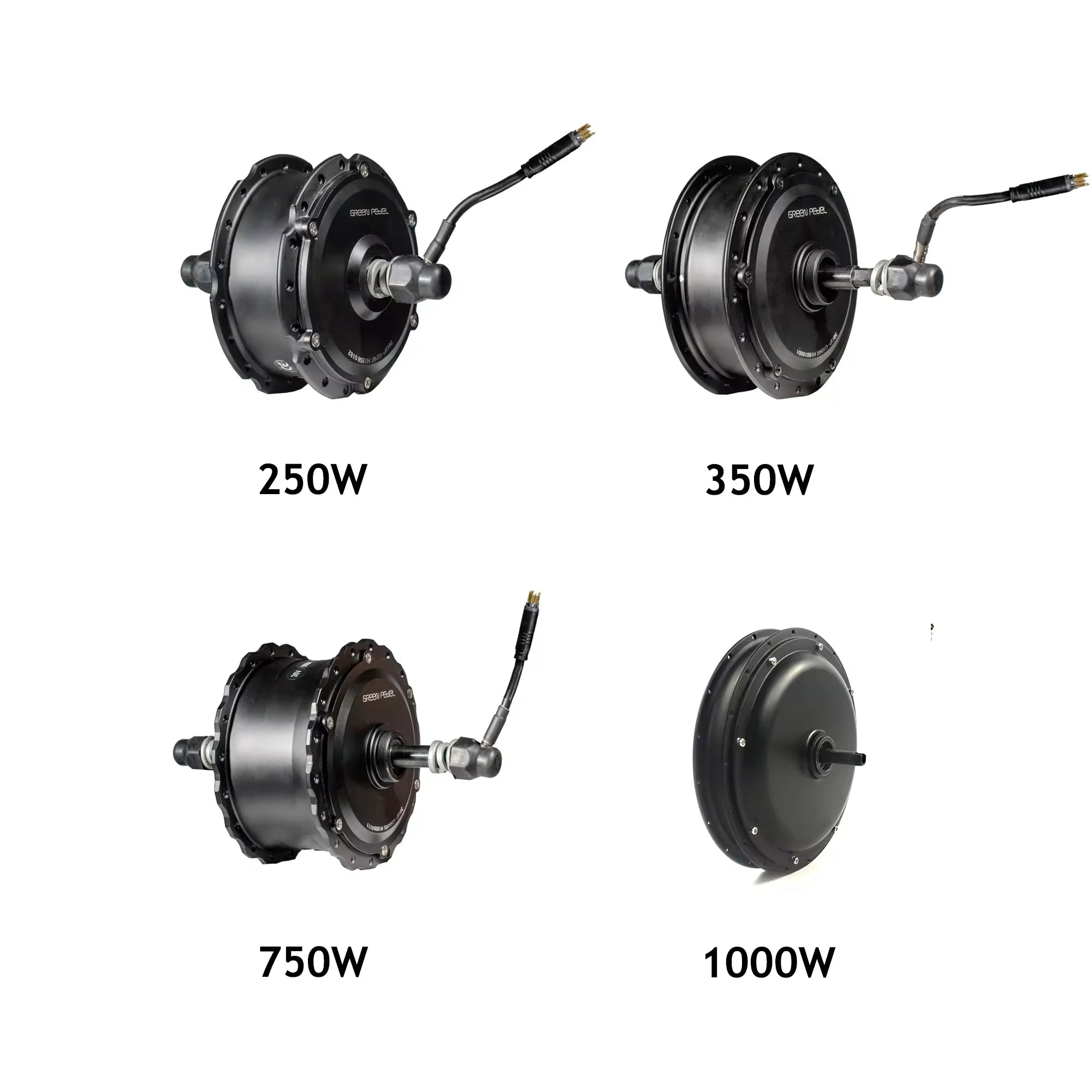 Four black electric bike hub motors in 250W, 350W, 750W, and 1000W options with power cables, set against a white background.
