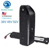 Black e-bike frame battery pack with slim, vertical design, charging port, and power cable. Suitable for 36V-52V systems.