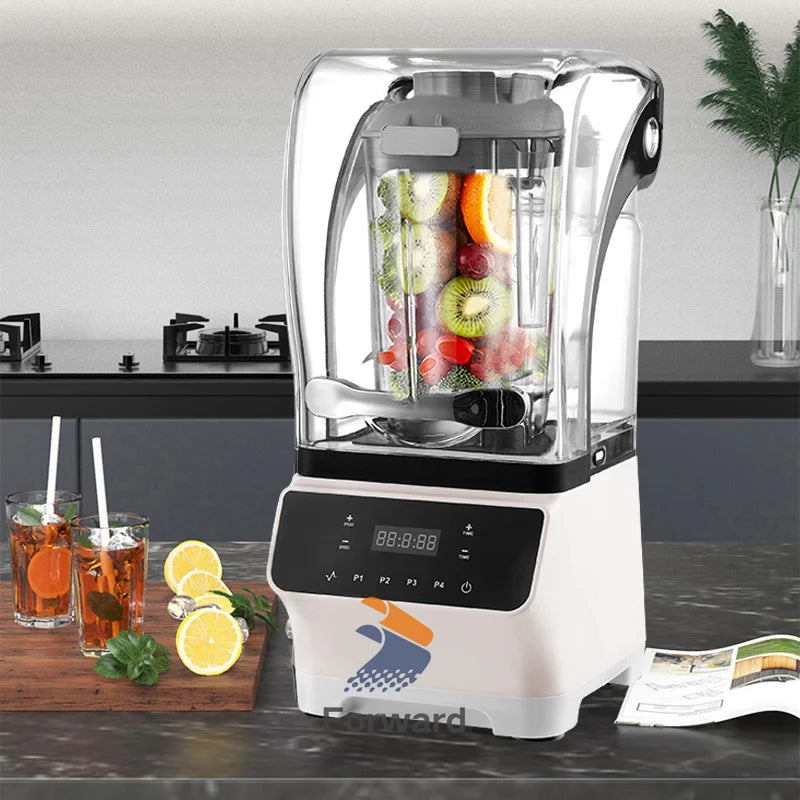 Modern white countertop blender with a clear sound-dampening cover and digital touchscreen interface.