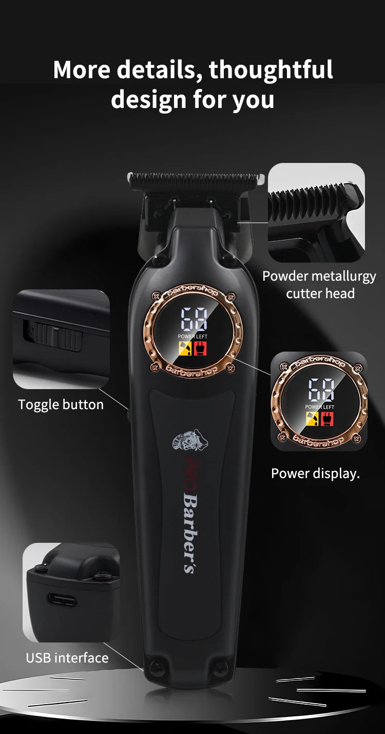 Black professional hair trimmer with a metallic copper-rimmed LED power display, USB charging, and precision blade.
