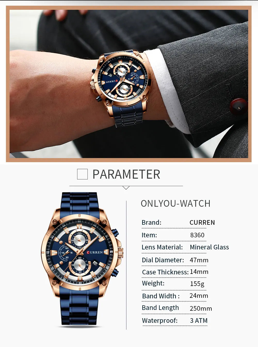 Luxury men’s stainless steel watch with a blue dial, rose gold accents, chronograph sub-dials and a metal link strap.