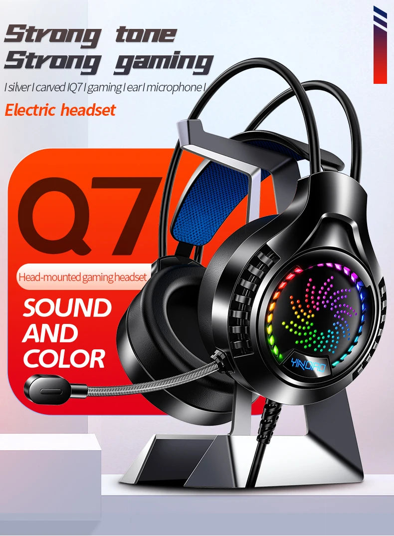 Black over-ear gaming headset with RGB LED side lighting, flexible microphone and blue cushioned headband on a stand.