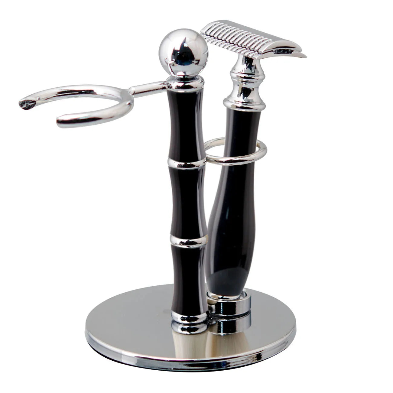 Luxury shaving kit featuring a chrome-plated stand, double-edged safety razor, and brush holder with black handles.